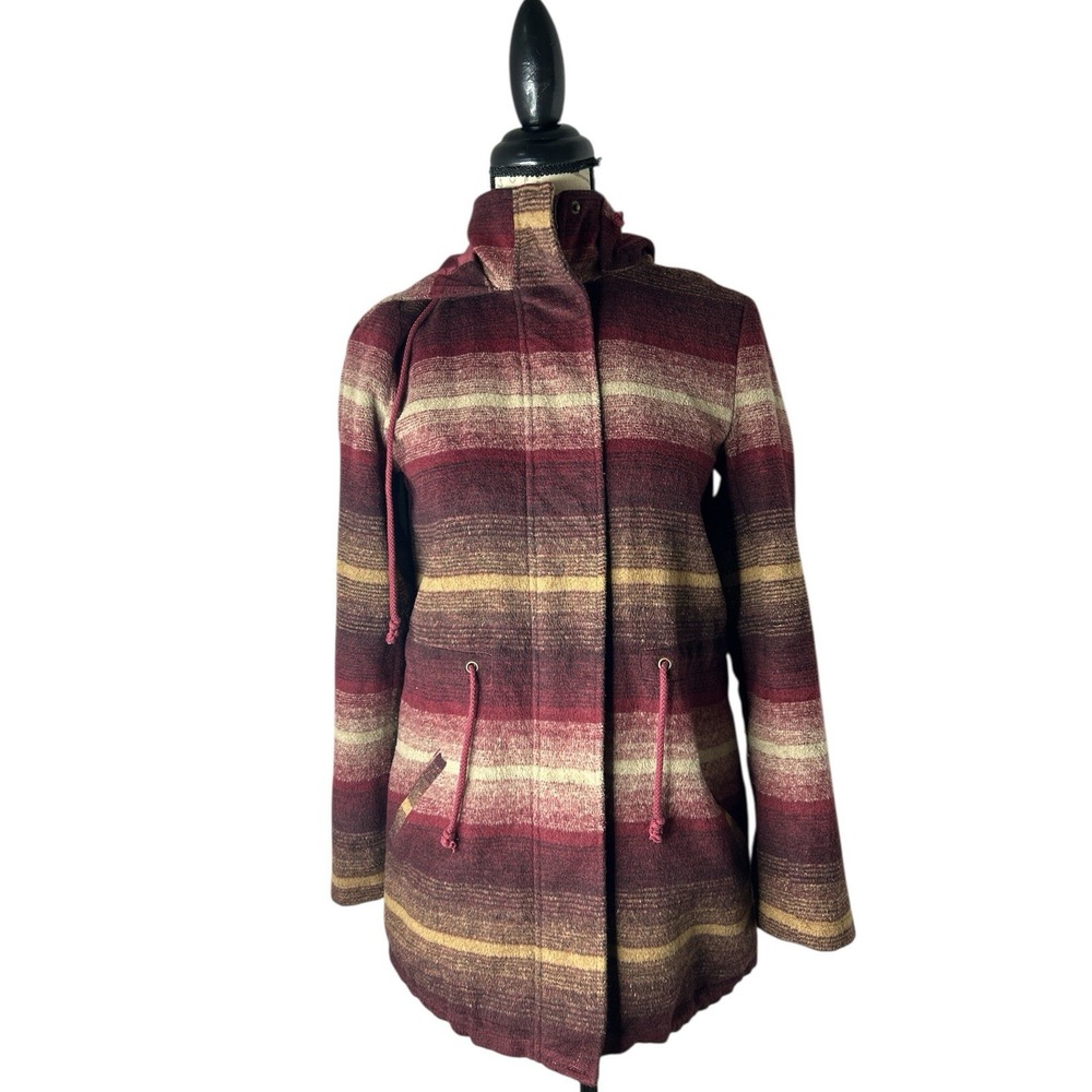 JACK Burgundy Plaid Womens Jacket Cinch Waist Hood Size Small Mid-Length